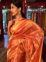 Red Tissue Silk Saree with woven Gold Zari Border