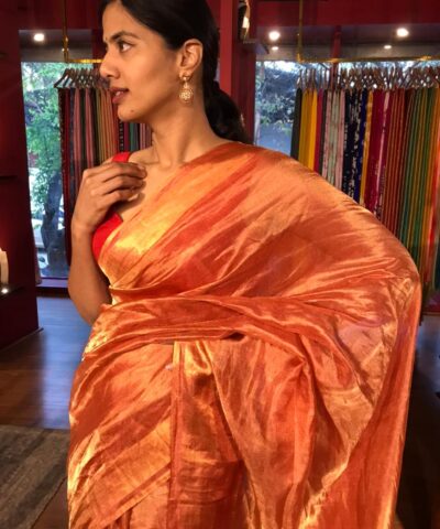 Red Tissue Silk Saree with woven Gold Zari Border