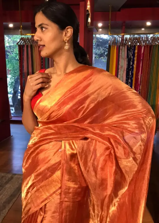 Red Tissue Silk Saree with woven Gold Zari Border