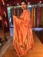 Red Tissue Silk Saree with woven Gold Zari Border - Image 3