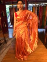 Red Tissue Silk Saree with woven Gold Zari Border - Image 2