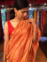 Red Tissue Silk Saree with woven Gold Zari Border - Image 5