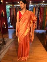 Red Tissue Silk Saree with woven Gold Zari Border - Image 4