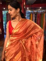Red Tissue Silk Saree with woven Gold Zari Border - Image 6