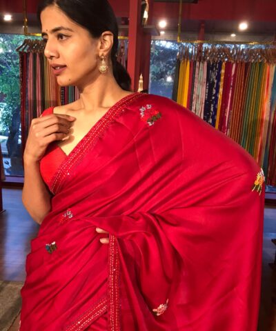 Red Embroidered Dola Silk Saree