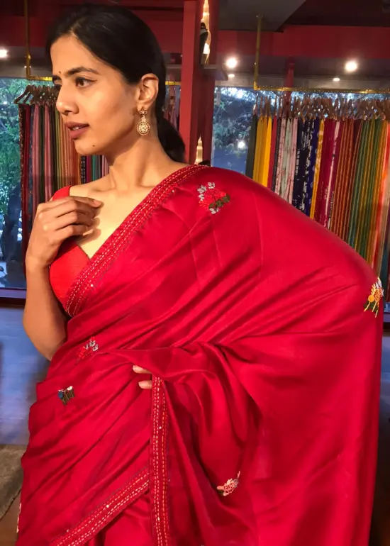 Red Embroidered Dola Silk Saree
