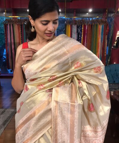 Ivory Banarasi Tissue Silk Saree with Gold Zari Border