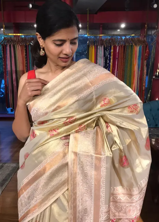 Ivory Banarasi Tissue Silk Saree with Gold Zari Border
