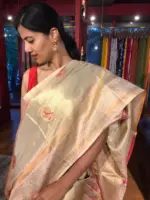 Ivory Banarasi Tissue Silk Saree with Gold Zari Border - Image 5