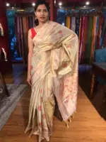 Ivory Banarasi Tissue Silk Saree with Gold Zari Border - Image 4