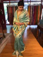 Sky Blue Dual Tone Tissue Silk Saree highlighted with Zari Motifs and Gota Border - Image 2