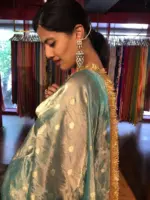 Sky Blue Dual Tone Tissue Silk Saree highlighted with Zari Motifs and Gota Border - Image 4