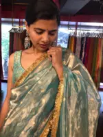 Sky Blue Dual Tone Tissue Silk Saree highlighted with Zari Motifs and Gota Border - Image 3