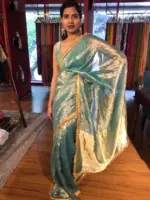 Sky Blue Dual Tone Tissue Silk Saree highlighted with Zari Motifs and Gota Border - Image 5