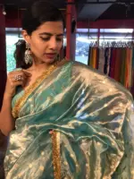 Sky Blue Dual Tone Tissue Silk Saree highlighted with Zari Motifs and Gota Border - Image 6