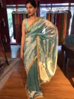Sky Blue Dual Tone Tissue Silk Saree highlighted with Zari Motifs and Gota Border - Image 7