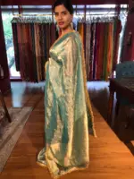 Sky Blue Dual Tone Tissue Silk Saree highlighted with Zari Motifs and Gota Border - Image 8