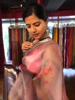 Ice Blue Printed Organza Silk Saree with Kanchi Silk Border - Image 2