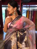 Ice Blue Printed Organza Silk Saree with Kanchi Silk Border