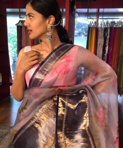 Ice Blue Printed Organza Silk Saree with Kanchi Silk Border