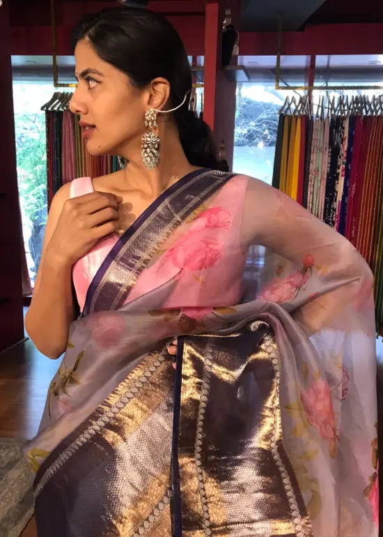Ice Blue Printed Organza Silk Saree with Kanchi Silk Border