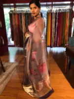Ice Blue Printed Organza Silk Saree with Kanchi Silk Border - Image 4