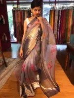 Ice Blue Printed Organza Silk Saree with Kanchi Silk Border - Image 3