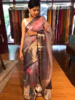 Ice Blue Printed Organza Silk Saree with Kanchi Silk Border - Image 6