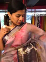 Ice Blue Printed Organza Silk Saree with Kanchi Silk Border - Image 5