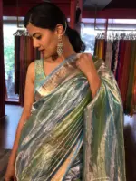 Ombre Blue Tissue Silk Saree with Gold Zari Weaves - Image 3