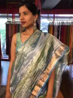 Ombre Blue Tissue Silk Saree with Gold Zari Weaves - Image 5