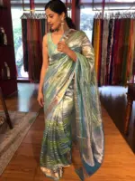 Ombre Blue Tissue Silk Saree with Gold Zari Weaves - Image 4