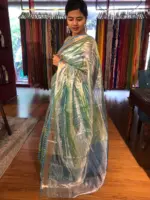 Ombre Blue Tissue Silk Saree with Gold Zari Weaves - Image 6