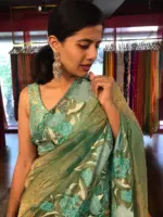 Teal Blue Crushed Tissue Silk Saree with Cutwork Embroidery - Image 2