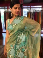 Teal Blue Crushed Tissue Silk Saree with Cutwork Embroidery