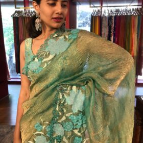 Teal Blue Crushed Tissue Silk Saree with Cutwork Embroidery