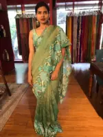 Teal Blue Crushed Tissue Silk Saree with Cutwork Embroidery - Image 4