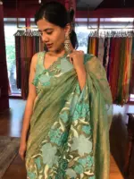 Teal Blue Crushed Tissue Silk Saree with Cutwork Embroidery - Image 3