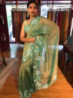 Teal Blue Crushed Tissue Silk Saree with Cutwork Embroidery - Image 7