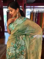 Teal Blue Crushed Tissue Silk Saree with Cutwork Embroidery - Image 6