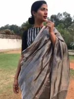 Silver Grey Printed Tissue Silk Saree - Image 2