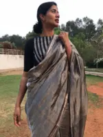 Silver Grey Printed Tissue Silk Saree
