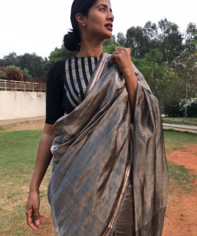 Silver Grey Printed Tissue Silk Saree