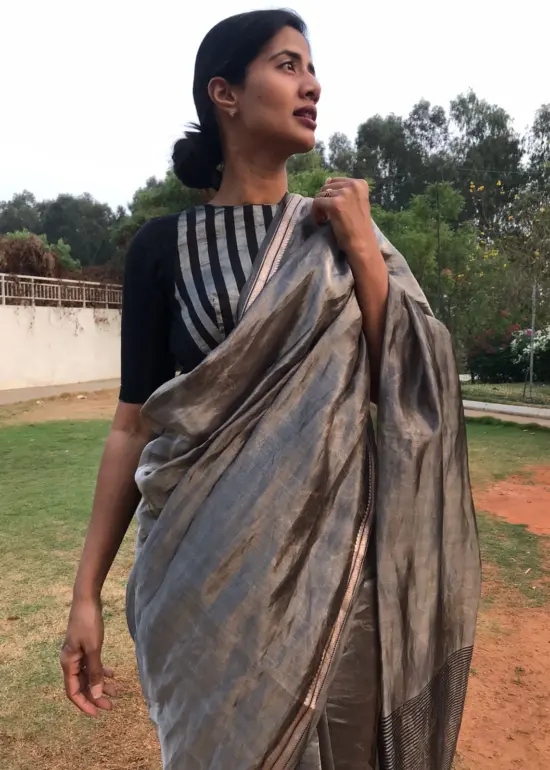 Silver Grey Printed Tissue Silk Saree