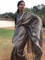 Silver Grey Printed Tissue Silk Saree - Image 3