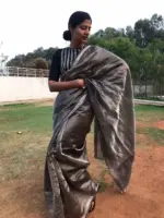 Silver Grey Printed Tissue Silk Saree - Image 4