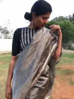 Silver Grey Printed Tissue Silk Saree - Image 5