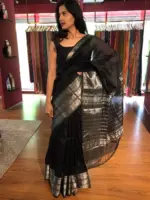 Black Mangalagiri Silk Saree with Kanchi Silk Border - Image 2