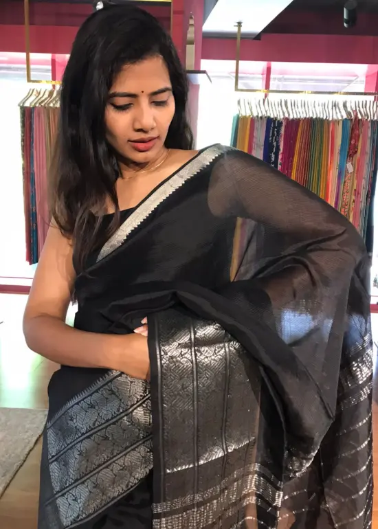 Black Mangalagiri Silk Saree with Kanchi Silk Border