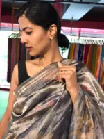 Ink Blue Printed Tissue Silk Saree with Gold Zari Border - Image 2